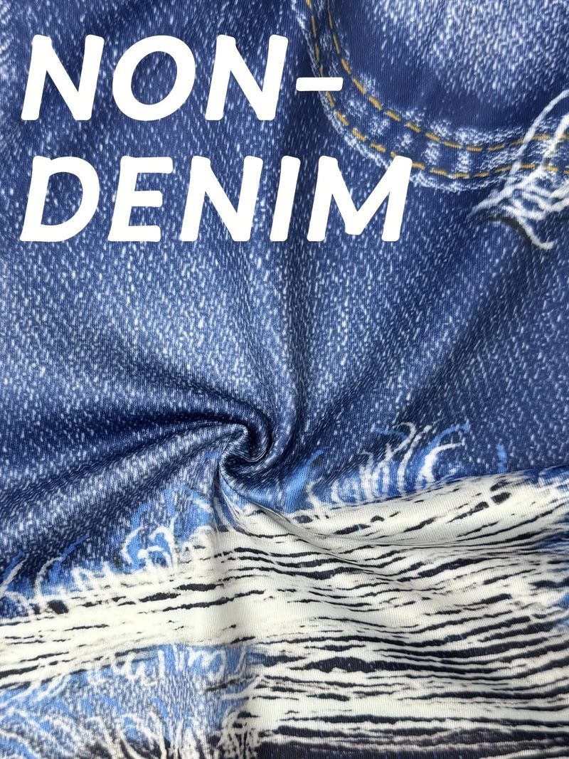 Women's High stretch Faux Denim Shorts with Fake Distressed Details.