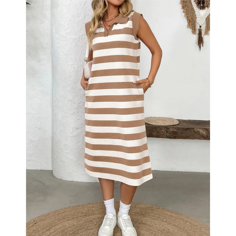 Women's Striped Pocket Lapel Sleeveless Long Dress Fashion.