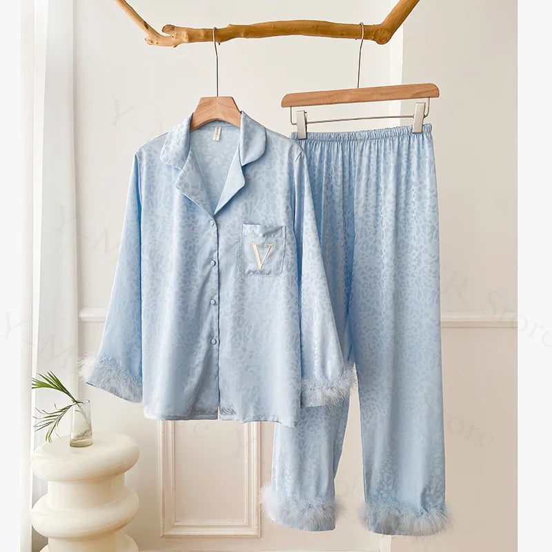 2PCS Pjs Sleepwear Women Summer New Pyjamas Suit Leopard Satin.