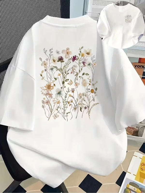 Women's Casual Short Sleeve T-Shirt with Double-sided Pastel Flowers Print.