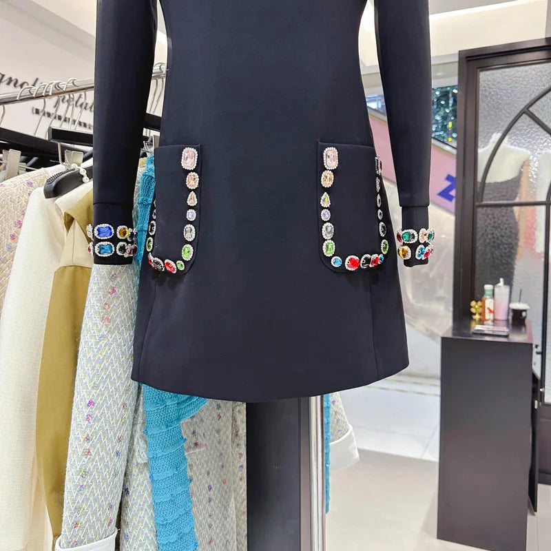 Women's Colorful Diamond Standing Neck Long Sleeve Dress.