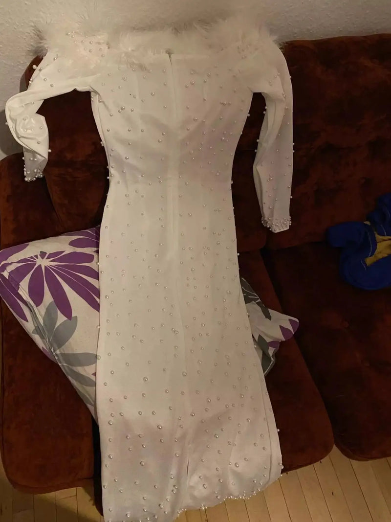 Feather White Dress Party Women Pearls Long Night Dresses.