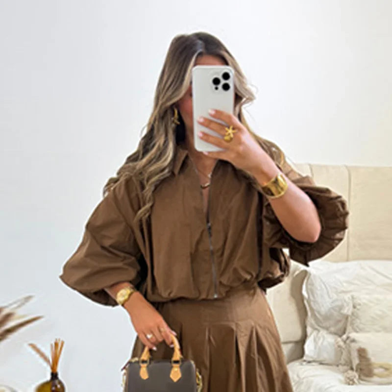Spring Short Top Women 2 Pieces Set Elegant Turn-down Puff Sleeve Zipper.