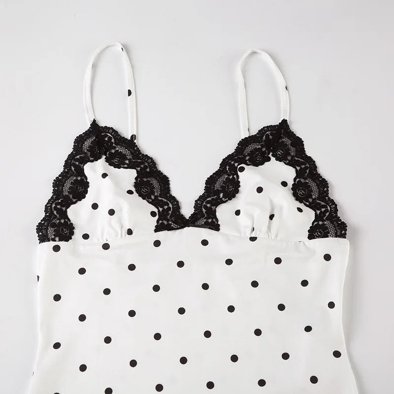 Women's Elegant Retro V-Neck Polka Dot Sleeveless Dress.