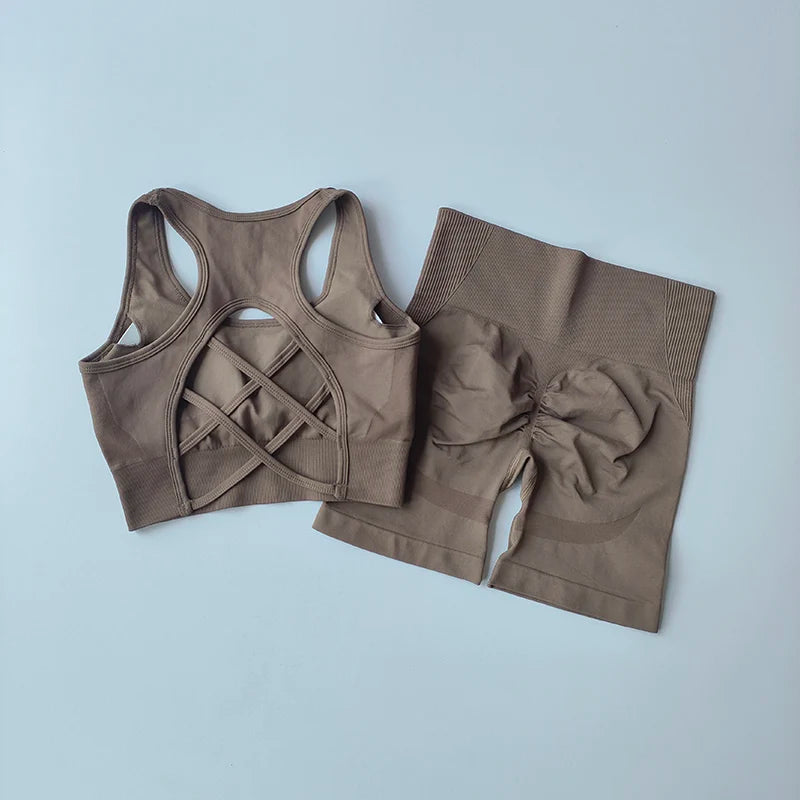 2 PCS Women's Seamless Yoga Set Sexy Sport Bra High Waist Sports Shorts.