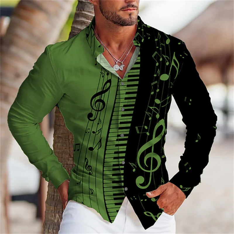 Summer Men's Long Sleeves Shirt with Musical Instrument Symbol Pattern Printed.