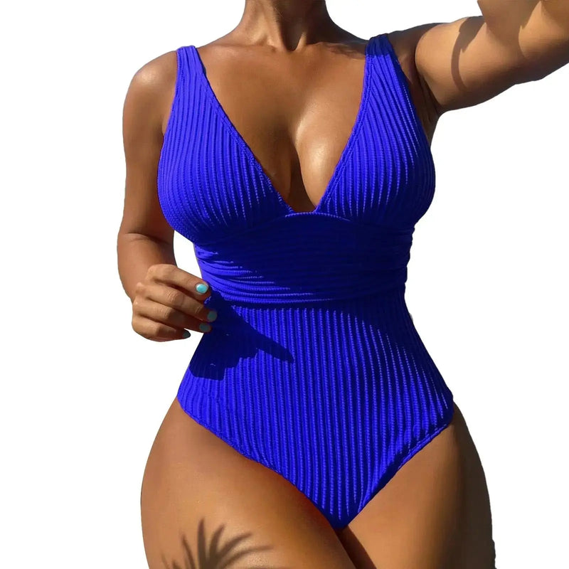 Contrast Mesh One Piece Swimsuit, V Neck Solid Color Backless Tummy.