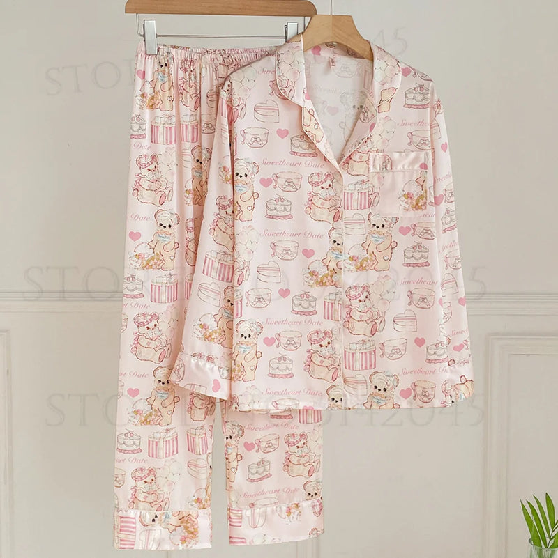 Pink Print Women 2PCS Pajams Set Spring Summer Sleepwear Loungewear.