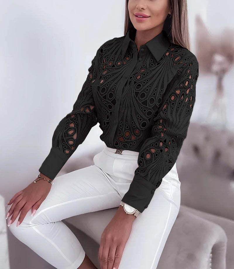 Women's Blouses Hollowed Out Long Sleeved Shirt Casual Solid Button Up.