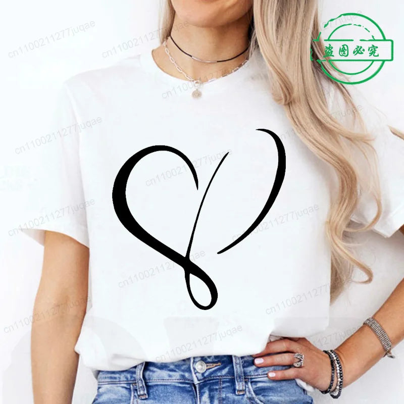 Women Love Heart Design T-Shirts Fashion Casual Short Sleeve.