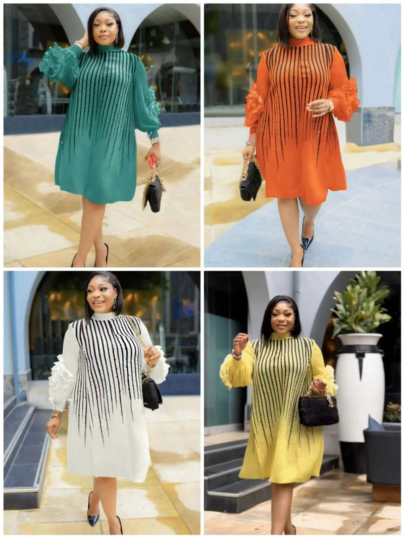 Women’s Pleated Dress Hand Shaken Flower Beaded Fashion.