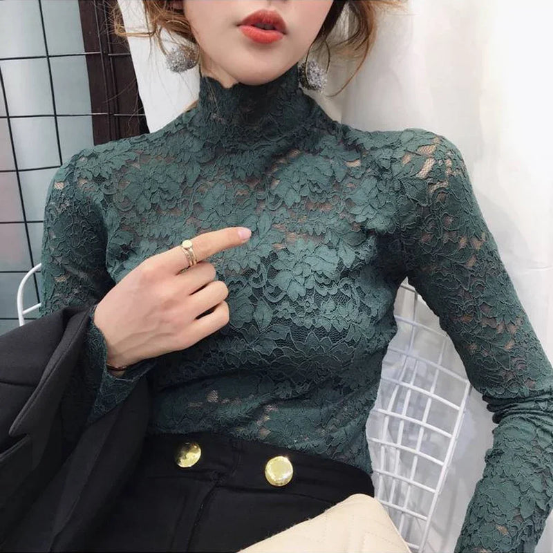 Stretch Floral Lace Petal Sleeve Shirt Women's Long Sleeved T Shirt Ladies.