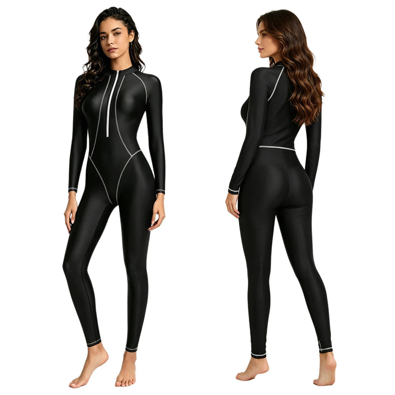 Women Full-body Coverage Rash Guard Bathing Suit Mock Neck Long Sleeves.