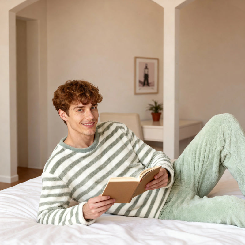 Men's Thermal Pajama Sets Winter Cartoon Classic Striped Home Wear.