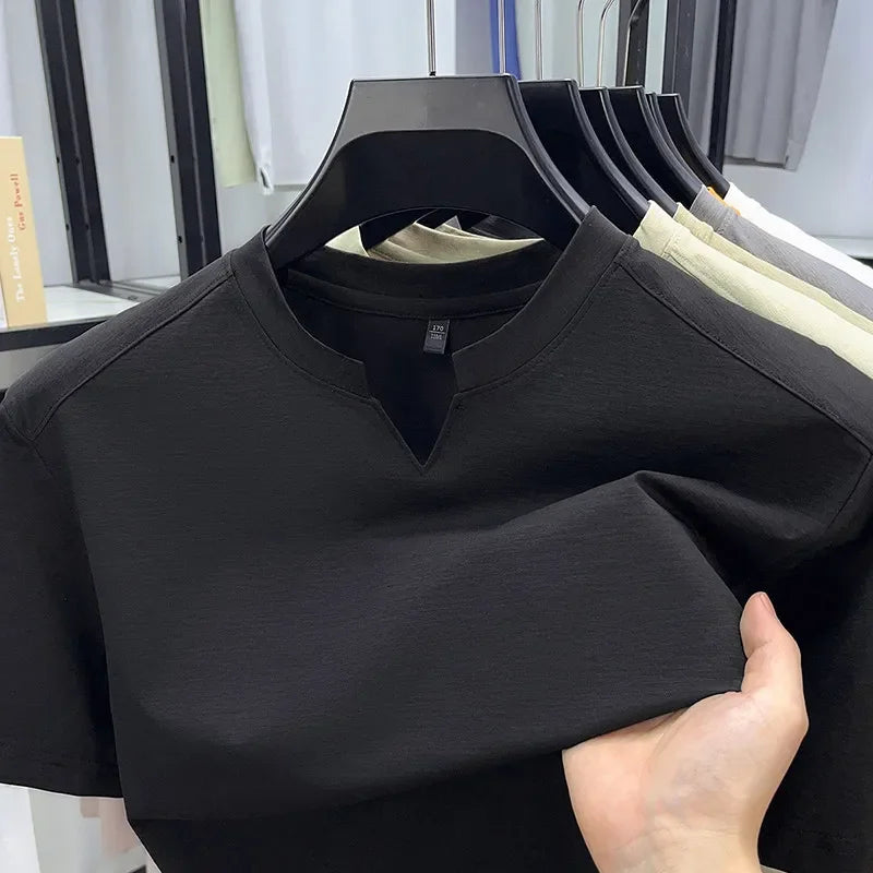 Korean Men's Casual and Fashionable Small V-neck Solid Color Short Sleeved T-shirt.