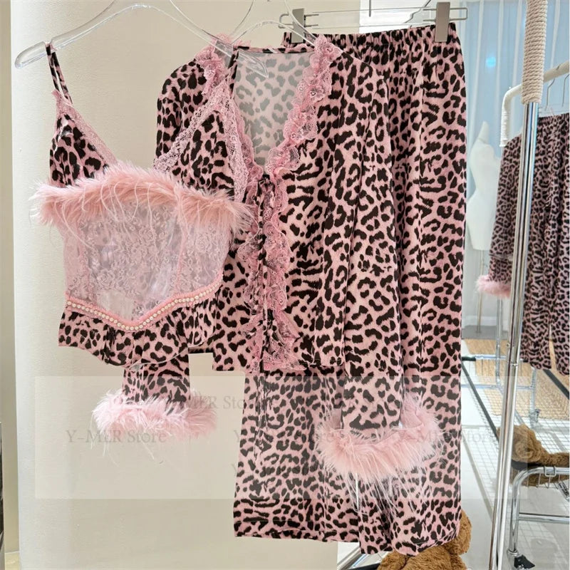 Sexy Pink Leopard Pajamas 3Pcs Sling Top Cardigan Pants Luxury Plush Trim.