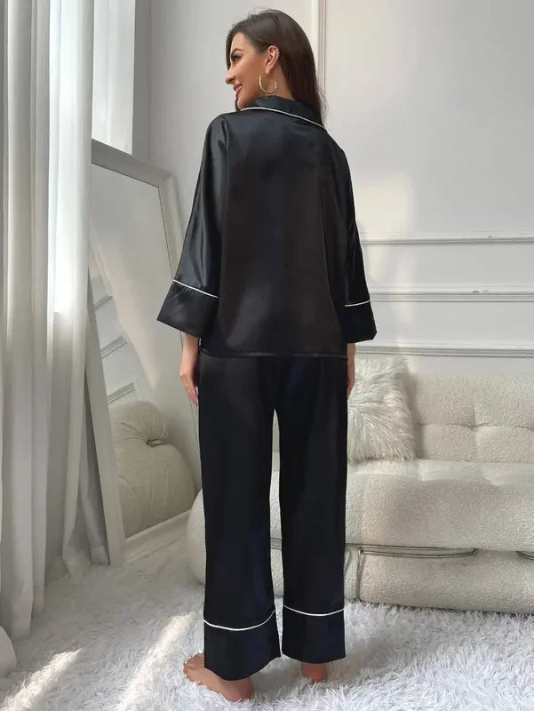 Women's Pajama Set Sleepwear Suit Loungewear Pj Set Satin Long Sleeve Tops.