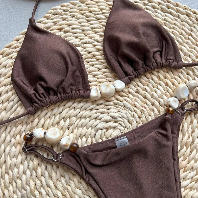 Solid Green Swimwears Sexy Halter Triangle Bead String Bikini Mini Micro.