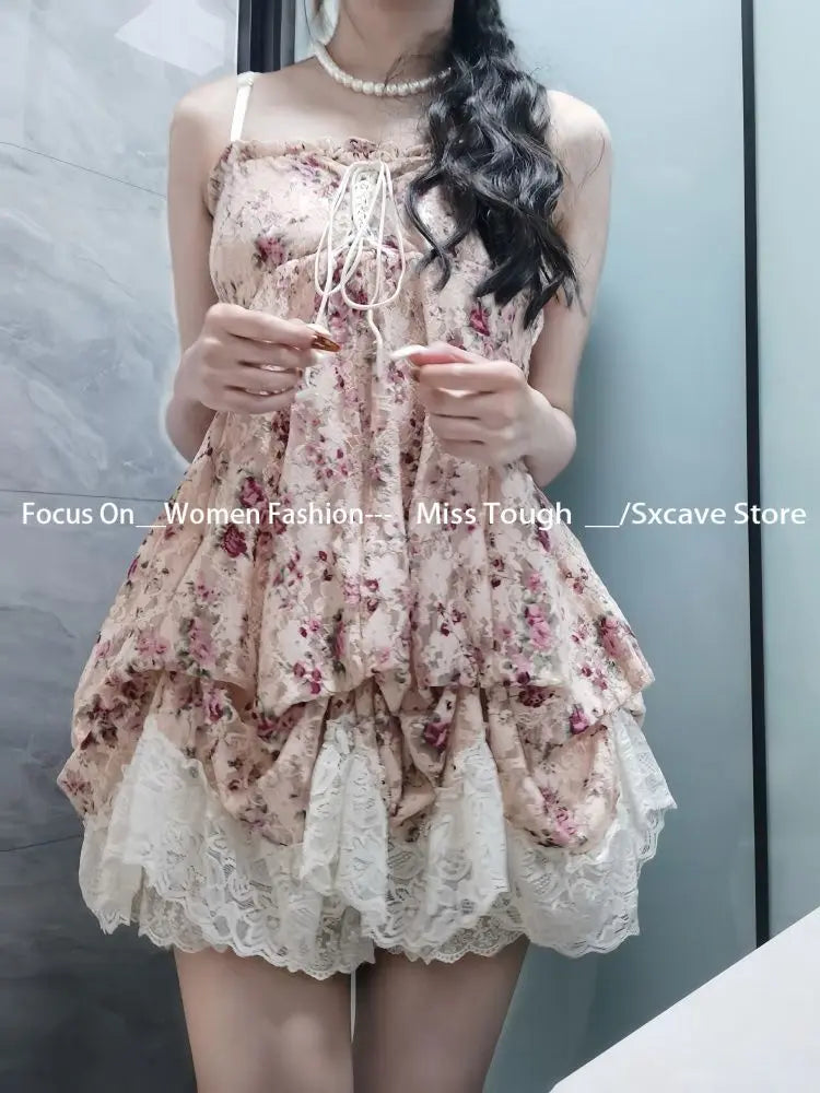 Women’s  Sweet Kawaii Y2k Min Dress Lolita Cute Sleeveless Floral Dress.