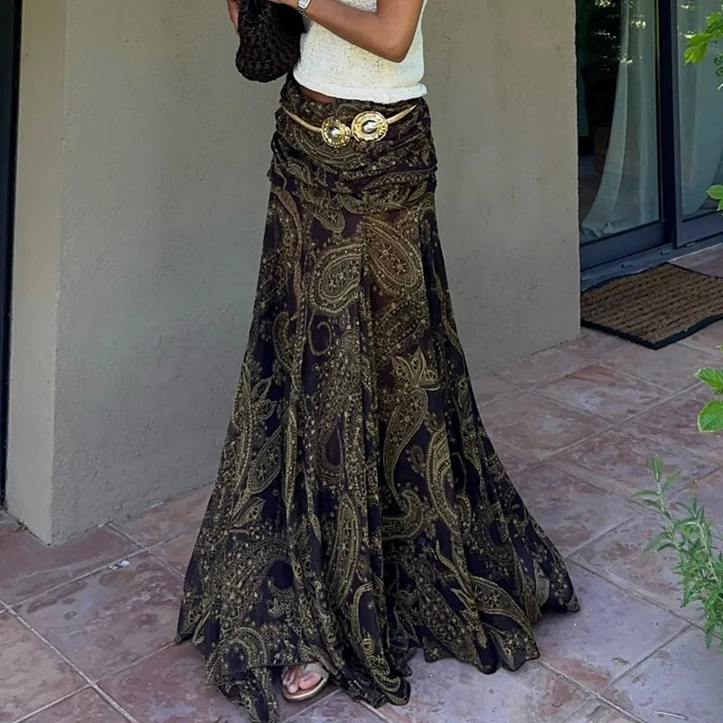 Irregular Printed Big Swing Long Skirts for Women High Waist Buttock.