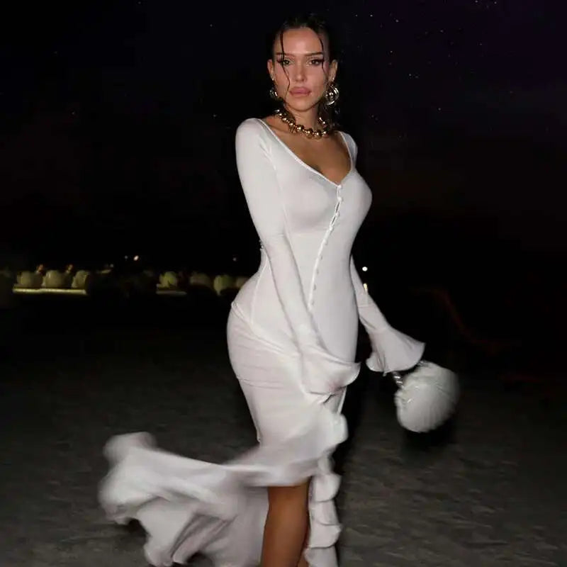 Women’s Mozision Flare Long Sleeve Ruffle Sexy Maxi Dress.