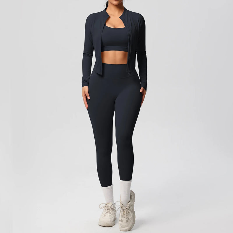 3pcs Sportswear Yoga Set Gym Sports Bra Zipper Jacket Leggings Clothes.