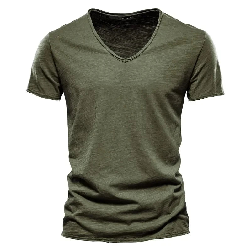 Spring Summer Cotton T Shirts Men Simple VNeck Stretch.