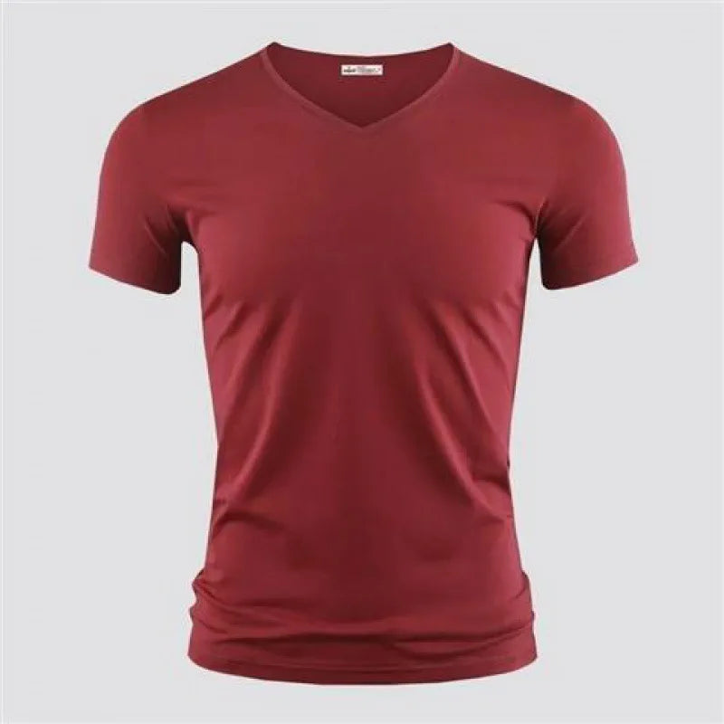 Men's T Shirt Pure Color V Collar Short Sleeved Tops Tees Men T-Shirt Black Tights.