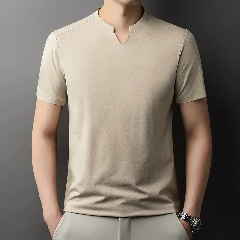 Korean Men's Casual and Fashionable Small V-neck Solid Color Short Sleeved T-shirt.