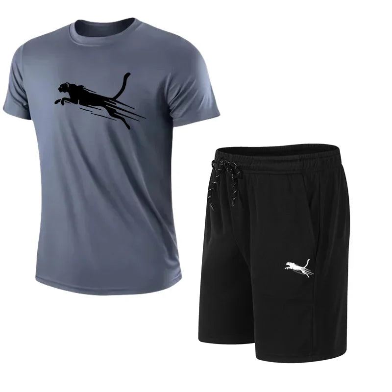 Summer Men's Running Set Cheetah Print Casual T-shirt And Shorts Two-Piece.