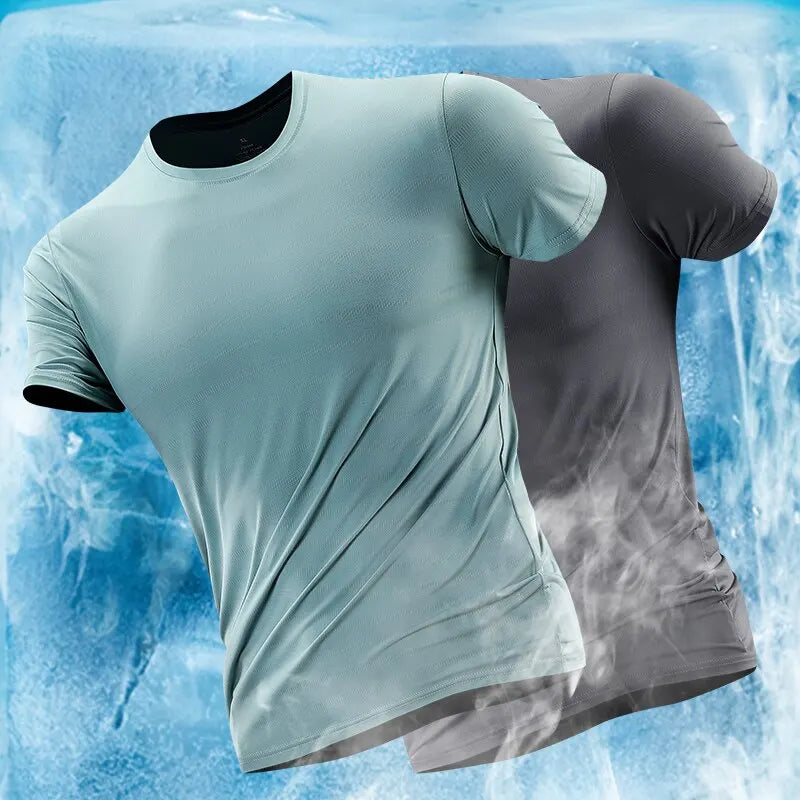 Summer Ice Silk Short Sleeve Mens T Shirt Breathable And Quick Drying.