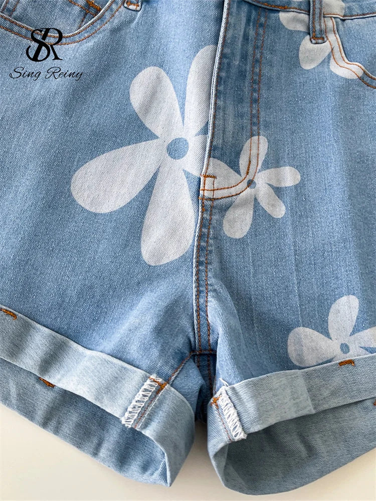 SINGREINY Print Denim Shorts Casual Korean Style High Waist Slim.