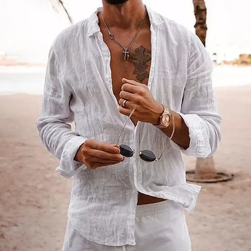 Men's Cotton Linen Shirts Top Simple Laple Solid  Man Shirts Tops Comfortable.