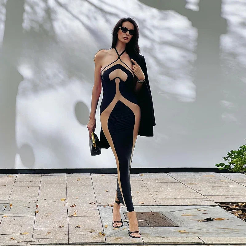 Mesh Patchwork Halter Neck Dresses for Women.