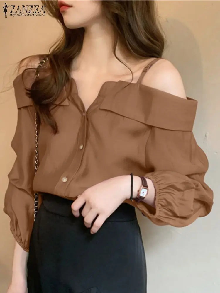 ZANZEA Fashion Shirts Women Sexy Off Shoulder Blouse Summer.