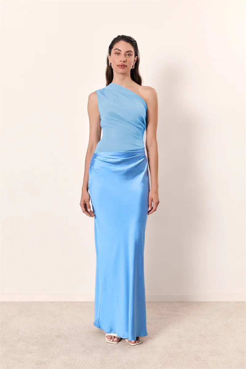 Women’s Mozision Satin Inclined Shoulder Sexy Maxi Dress.