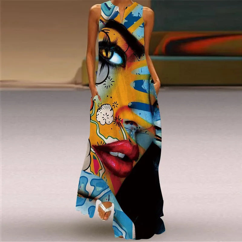 Vintage Print Maxi Dress For Women.