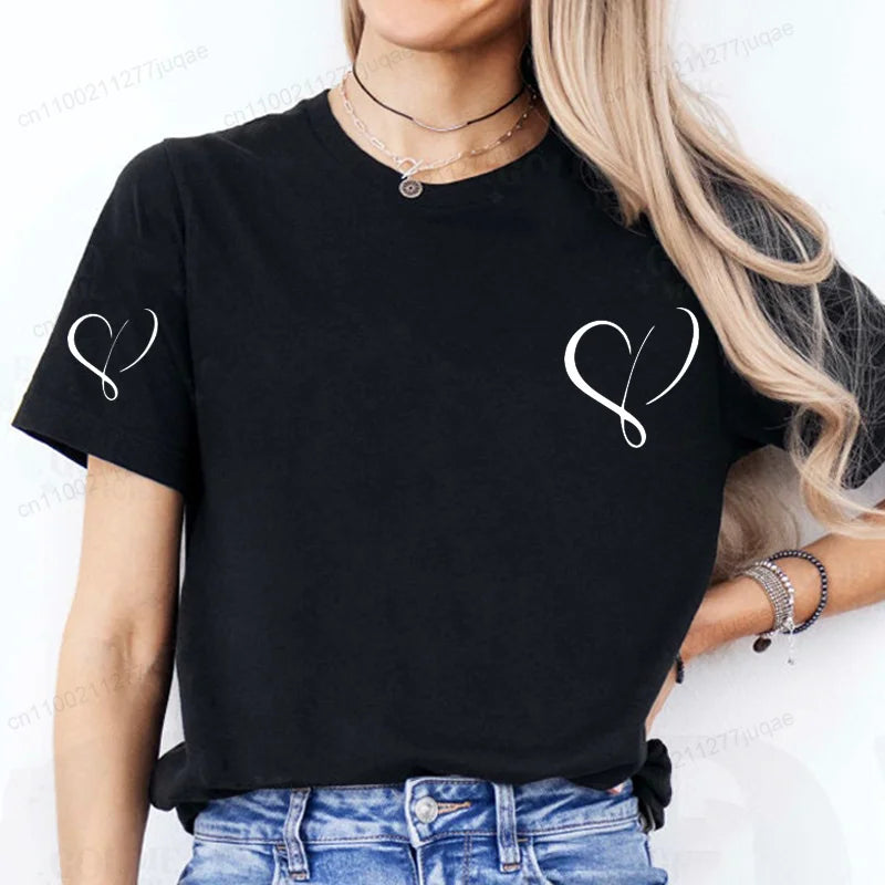 Women Love Heart Design T-Shirts Fashion Casual Short Sleeve.