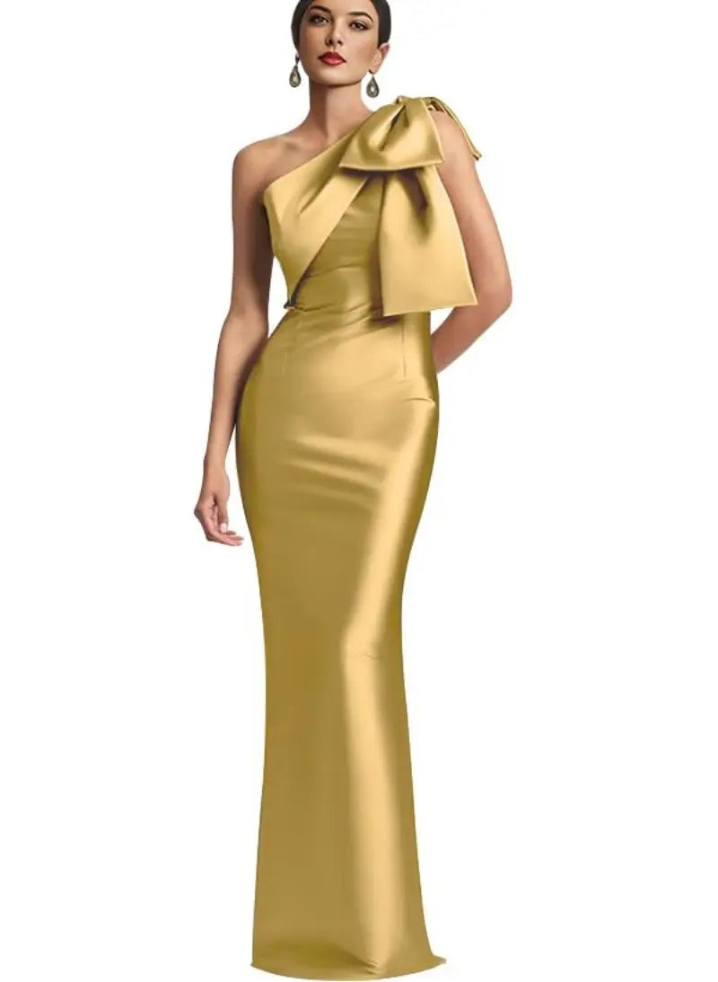 Evening Dress Women Elegant Tight Sexy Satin Single Shoulder.