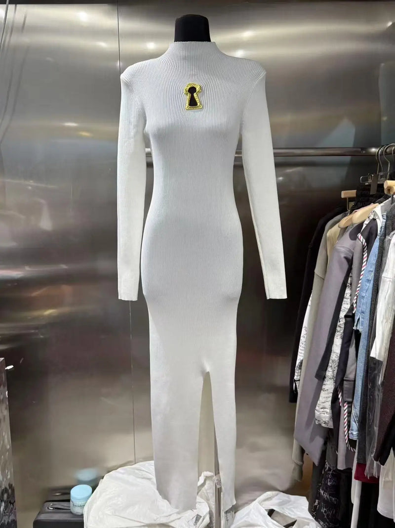 European Women Clothes Long Sleeve Waist-Cinching Knitted Long Dress.