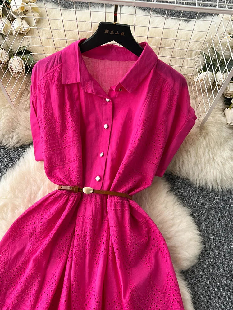 Women Summer Dress Loose Breasted Lace Up Long Dress.