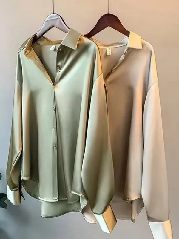 Elegant Satin Loose Women Shirt Spring Turn-down Collar Ladies Blouse.