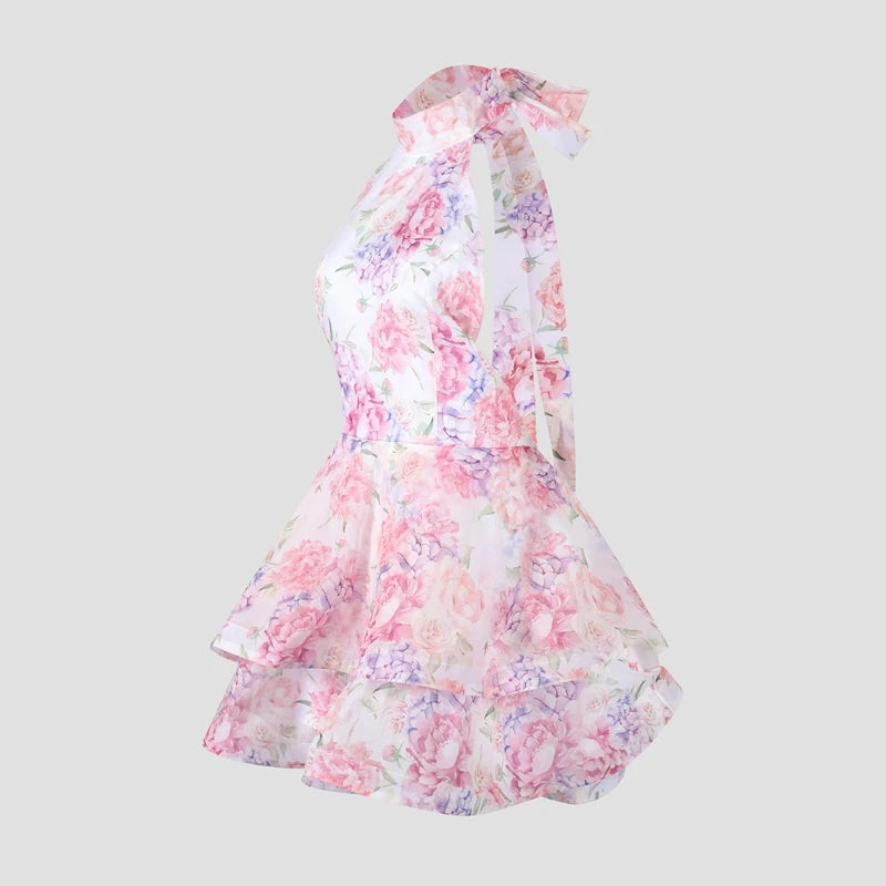 Women’s Chic Floral Printed Mini Dress Backless Sleeveless.