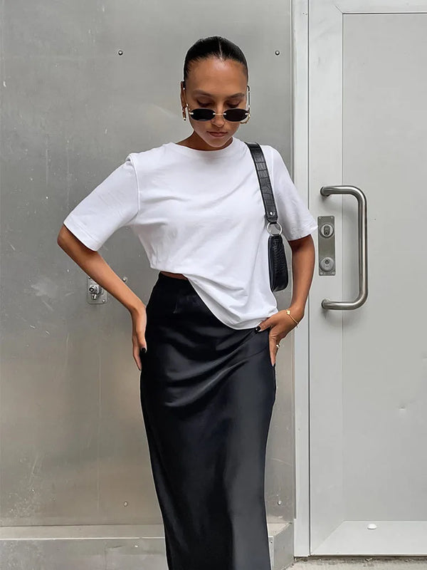 Elegant Satin Black Trumpet Skirts Fashion Slim High Waist Skirts Women.