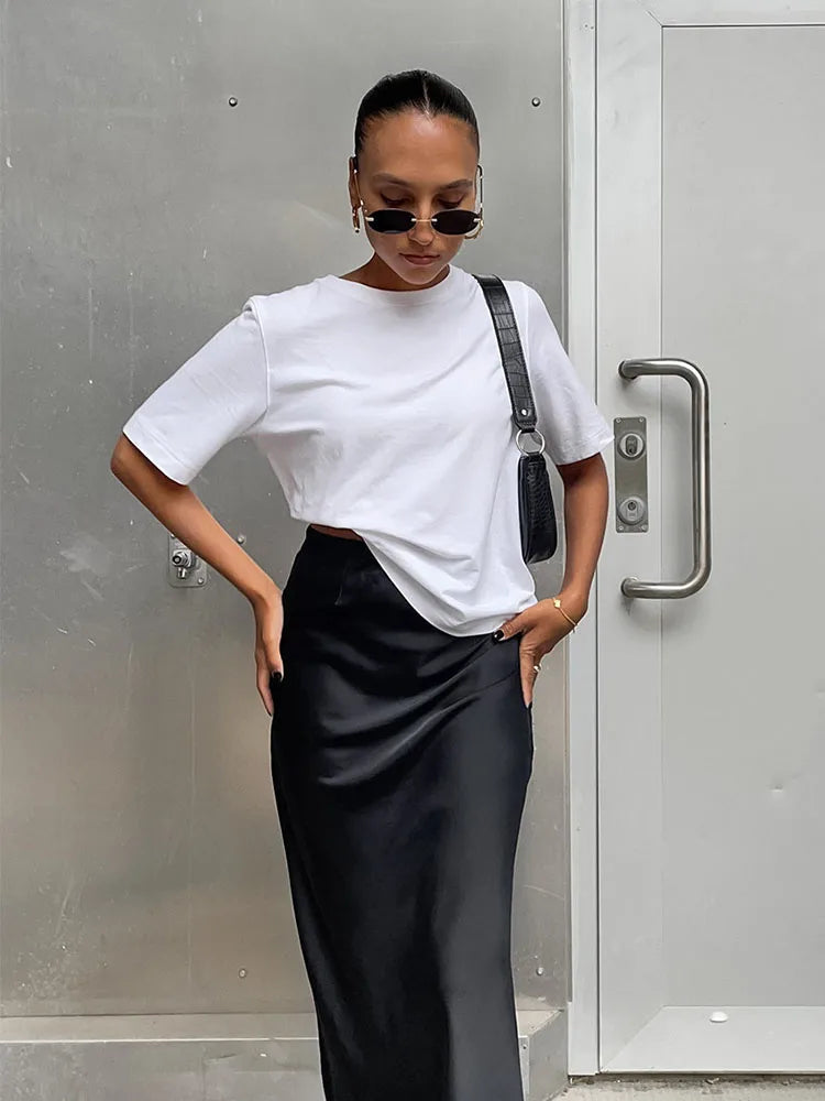Elegant Satin Black Trumpet Skirts Fashion Slim High Waist Skirts Women.