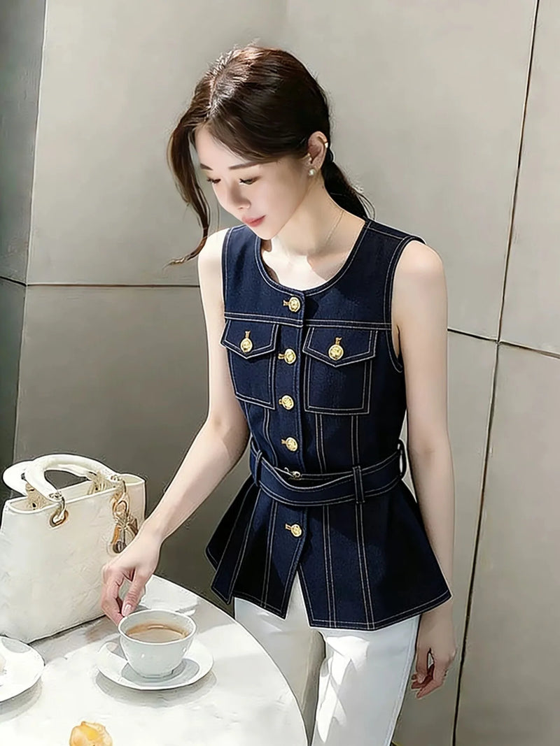 American dark blue high waist denim shorts suit women's.