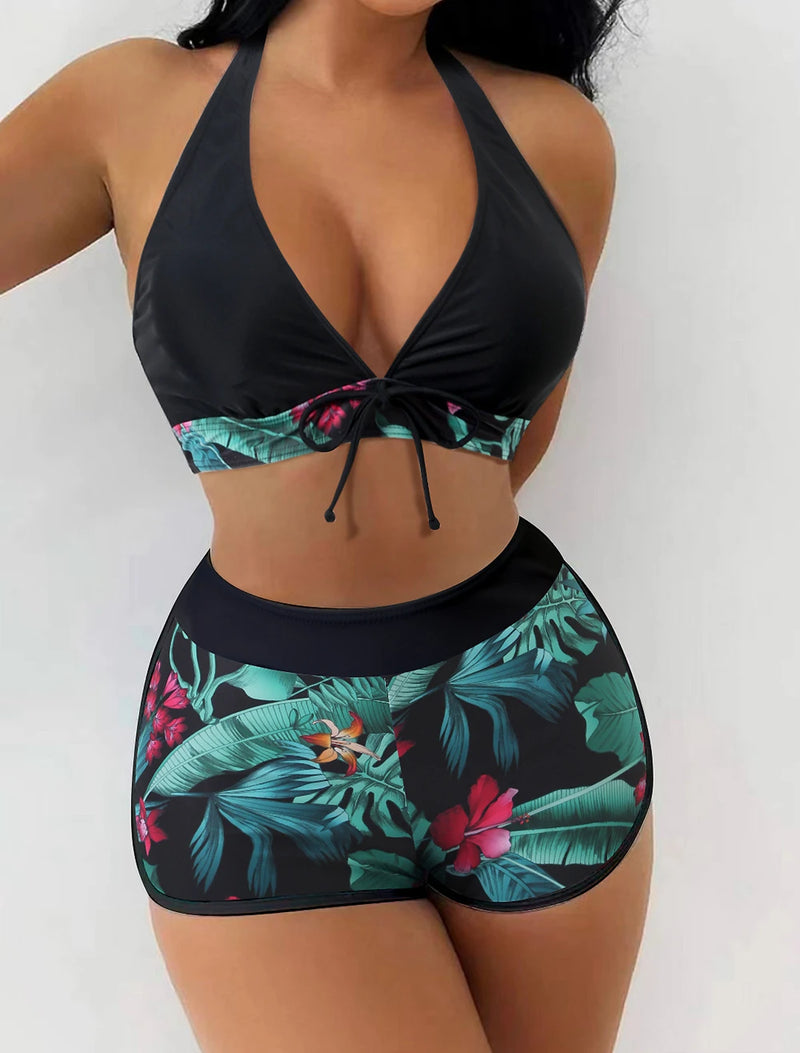 15 Colors Swimwear Women Two-Piece Suit Patchwork Halter Bikini Top.