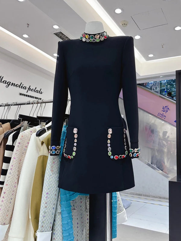 Women's Colorful Diamond Standing Neck Long Sleeve Dress.