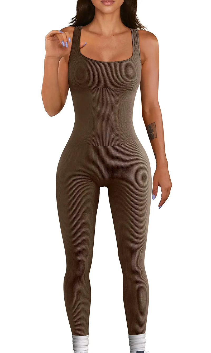 Women Workout Seamless Jumpsuit Yoga Ribbed Bodycon One Piece.