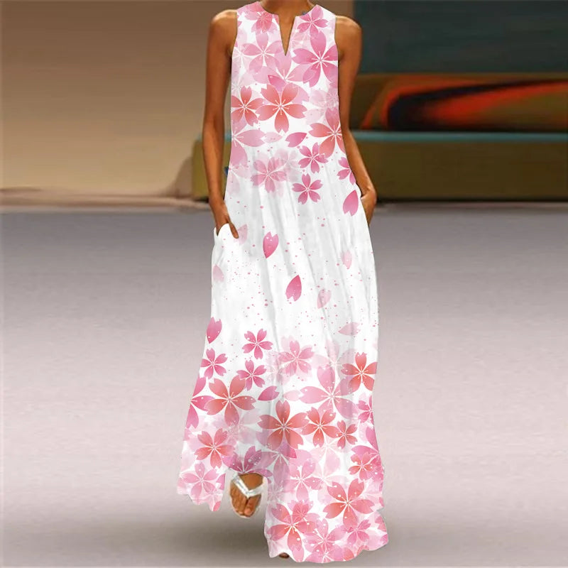 3D Floral Printed Dress Summer Vintage V-neck Sleeveless Loose Maxi Dress Elegant.